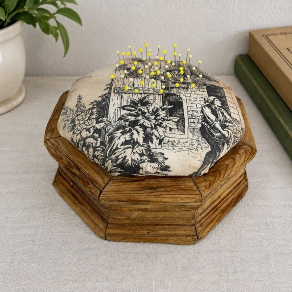 Vintage Hand Carved Wood Pin Cushion Toile Fabric Octagon Sewing Decor 10"